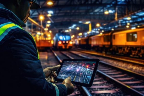 ing ferroviari analitzant la enginyeria ferroviaria de l'estat de les vies de tren amb una tauleta 